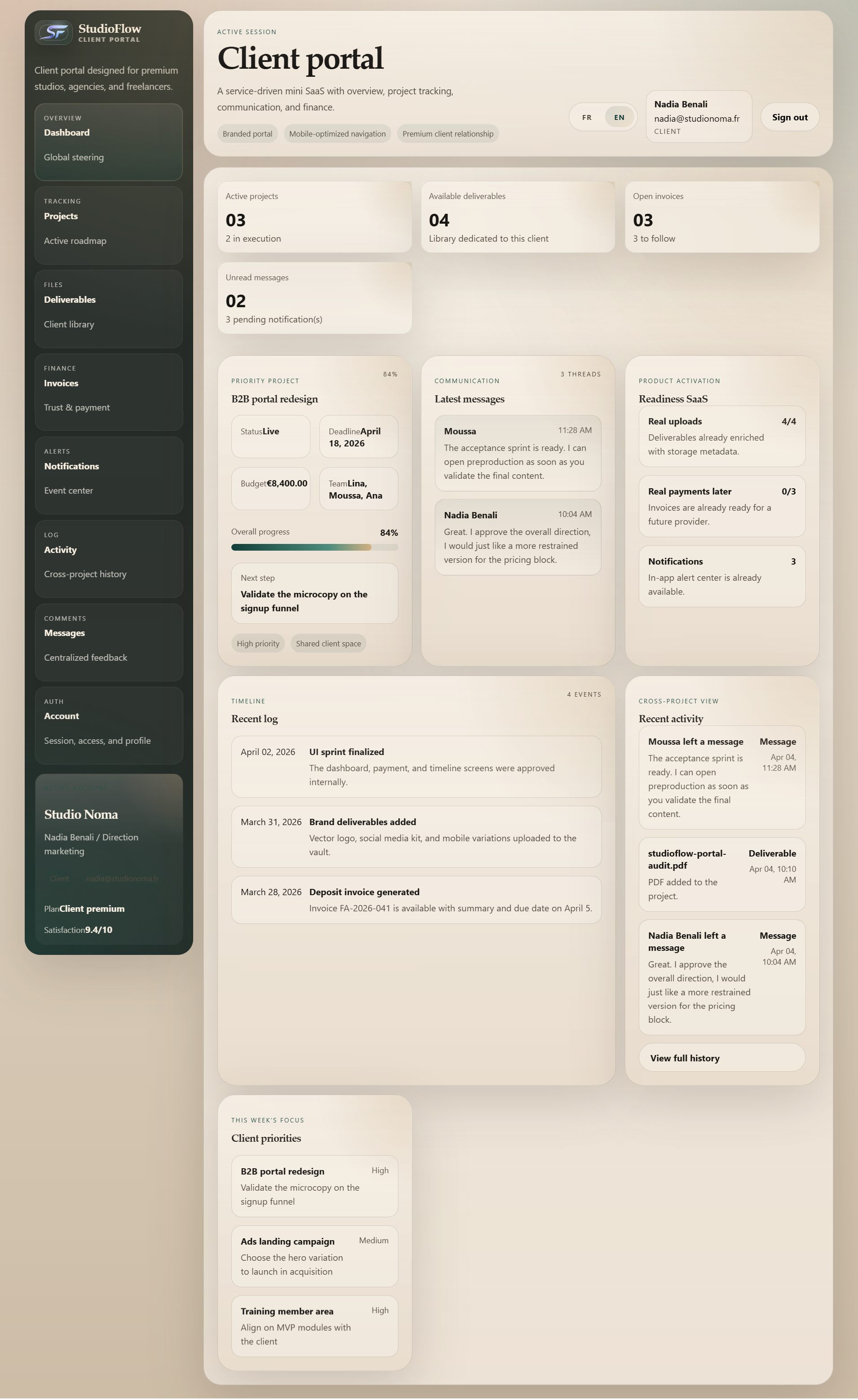 StudioFlow - tableau de bord client